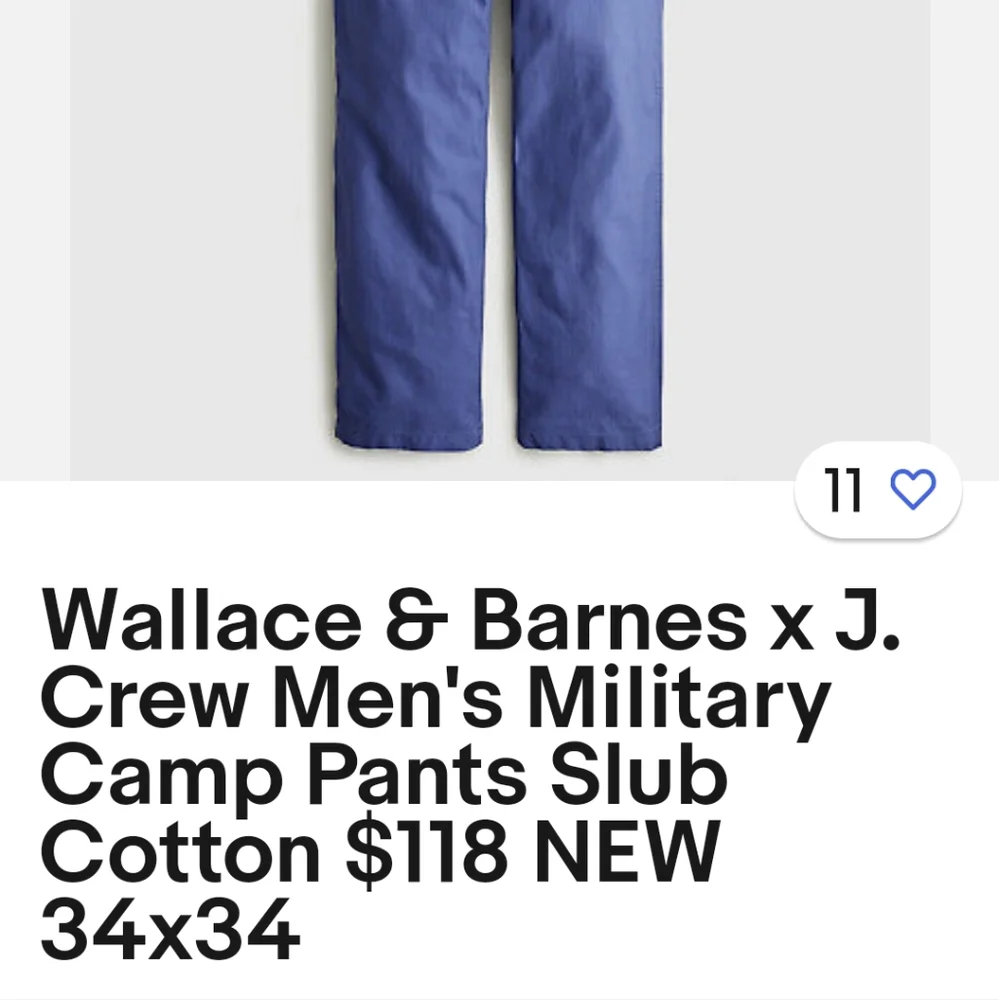 Wallace & Barnes X J. Crew Mens Military Camp Slub Pants 36/32 Blue NWT $98